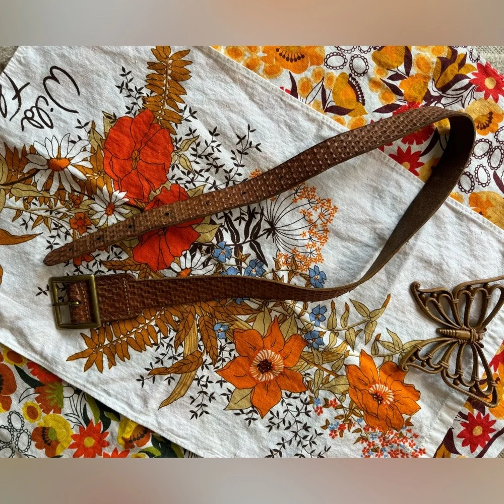 Vintage Brown Checkered Embossed Leather Belt Size 38 Made In Palmer Alaska